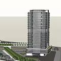 Vibrant Commercial Street With Modern High Rise Buildings And Lush Green Trees