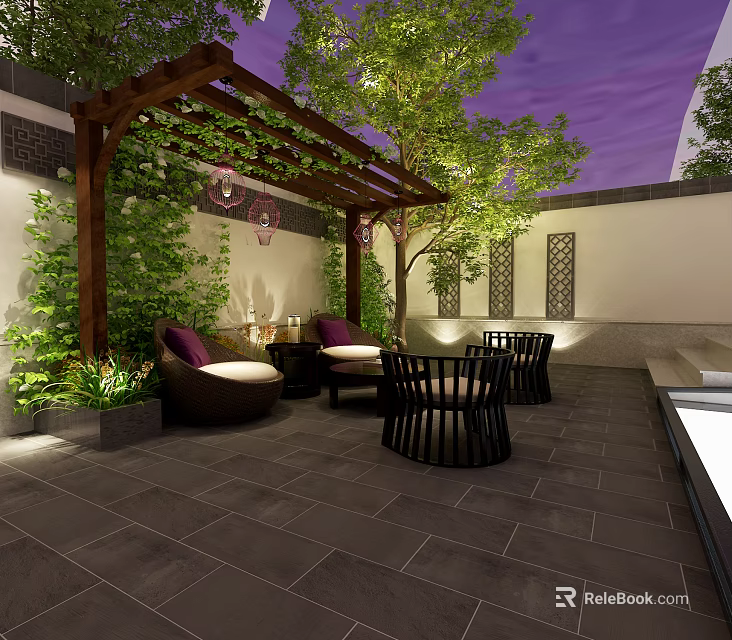 Garden Landscape Design With Wooden Pergola Green Plants Stone Paved Floor And Outdoor Seating 3d model 