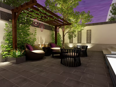 Garden Landscape Design With Wooden Pergola Green Plants Stone Paved Floor And Outdoor Seating 3d model
