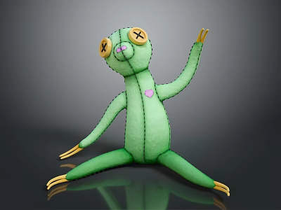 Children's Green Plush Toy with Yellow Eyes Pink Heart and Stretching Pose 3d model