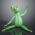 Children's Green Plush Toy with Yellow Eyes Pink Heart and Stretching Pose