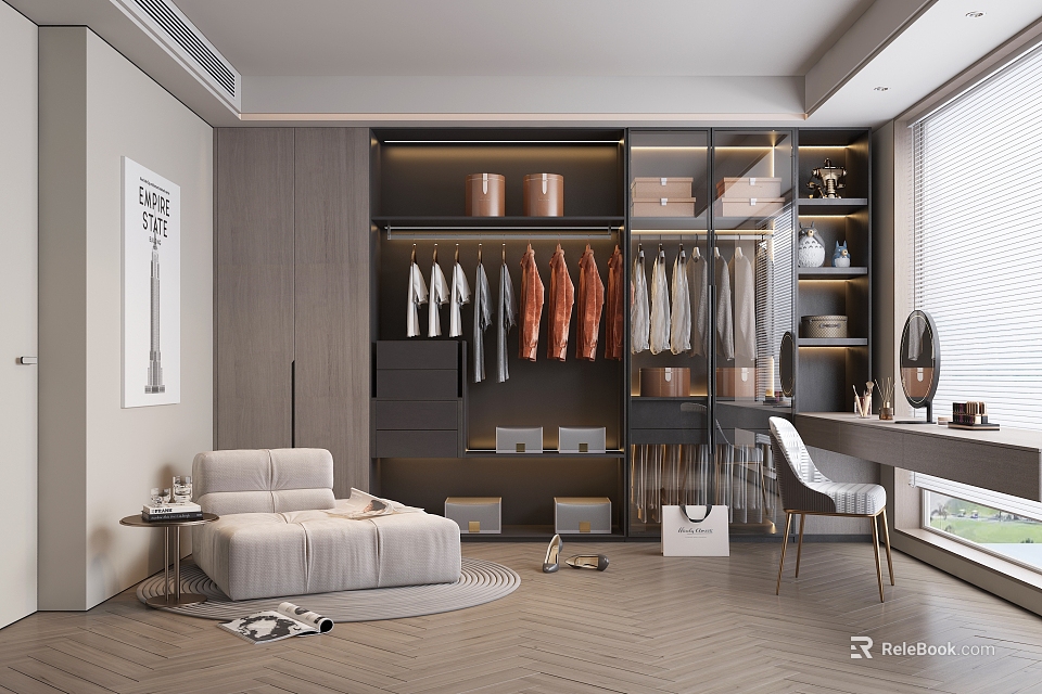 Modern Walk-in Closet Interior Design With Hanging Clothes Storage Cabinets And Bench 3d model 