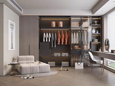 Modern Walk-in Closet Interior Design With Hanging Clothes Storage Cabinets And Bench 3d model