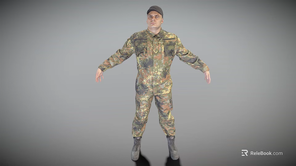 Man in Camouflage Uniform With Military Cap and Arms Outstretched Against Gray Background 3d model 