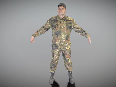 Man in Camouflage Uniform With Military Cap and Arms Outstretched Against Gray Background 3d model