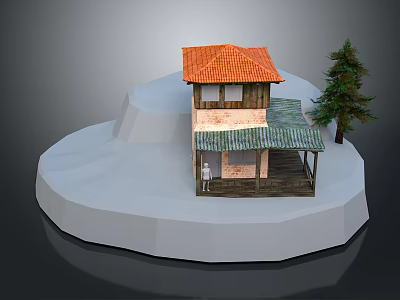 Two Story House With Orange Roof And Pine Tree Near White Platform With Figure 3d model