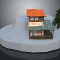 Two Story House With Orange Roof And Pine Tree Near White Platform With Figure