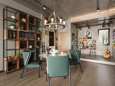 Contemporary Dining Area With Green Chairs Open Shelving Plants Chandelier Brick Wall And Guitar 3d model