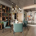 Contemporary Dining Area With Green Chairs Open Shelving Plants Chandelier Brick Wall And Guitar