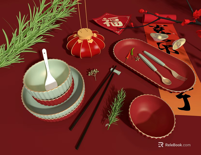 Chinese New Year Festive Tableware Set with Bowls Plates Utensils Red Lantern Fu Green Herbs 3d model 