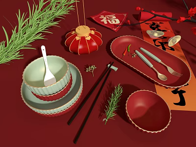 Chinese New Year Festive Tableware Set with Bowls Plates Utensils Red Lantern Fu Green Herbs 3d model
