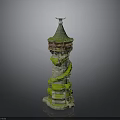Medieval Stone Tower Structure With Green Conical Roof Ivy Vines And Balcony
