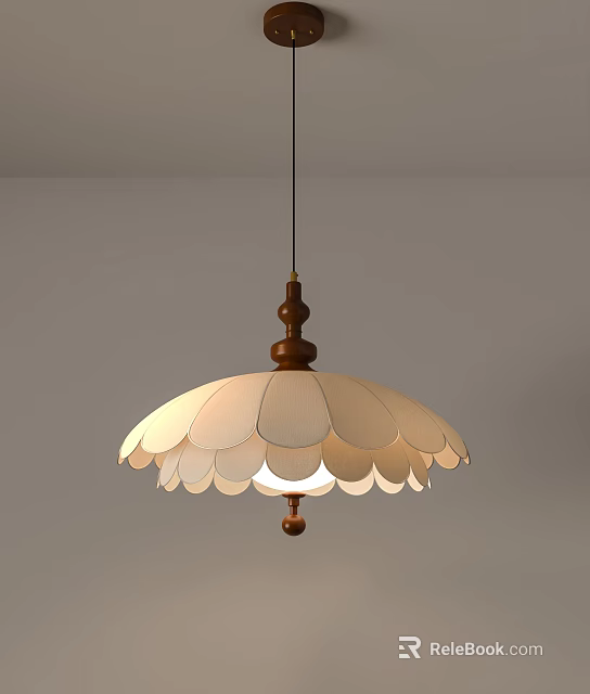 Elegant Cream Colored Pendant Light With Wooden Base And Petal Shaped Lampshade 3d model 