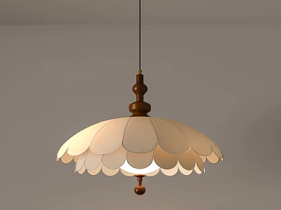 Elegant Cream Colored Pendant Light With Wooden Base And Petal Shaped Lampshade 3d model