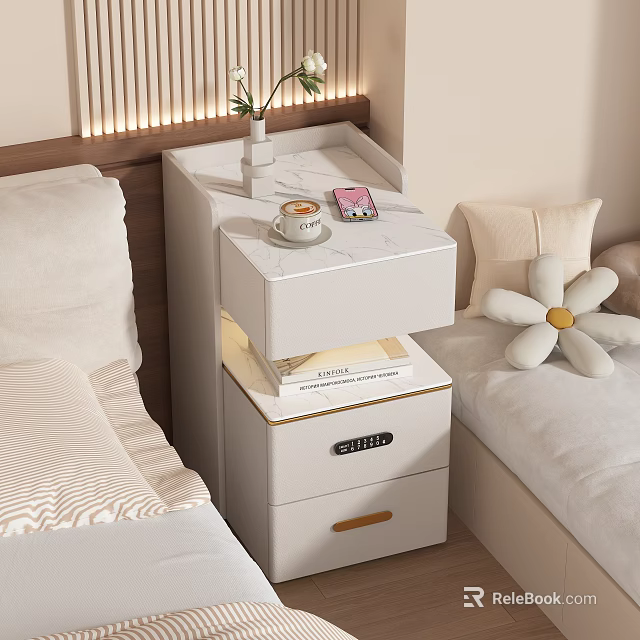 Modern Bedroom With White Nightstand Marble Top Decor Items And Soft Pillows 3d model