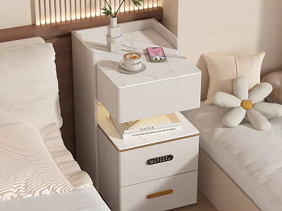 Modern Bedroom With White Nightstand Marble Top Decor Items And Soft Pillows 3d model