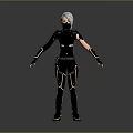 Futuristic Female Game Movie Character With Silver Hair Mask Black Combat Suit And Golden Accents