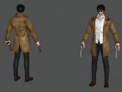 Game Movie Character Wearing Brown Trench Coat White Shirt Black Pants Brown Shoes Holding Guns 3d model