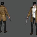 Game Movie Character Wearing Brown Trench Coat White Shirt Black Pants Brown Shoes Holding Guns