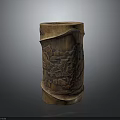 Elegant Bamboo Pen Holder With Hand Carved Landscape Design And Natural Texture