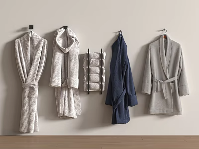 Soft Absorbent Towels And Plush Bathrobes Hanging On Wall With Towel Rack For Bathroom 3d model