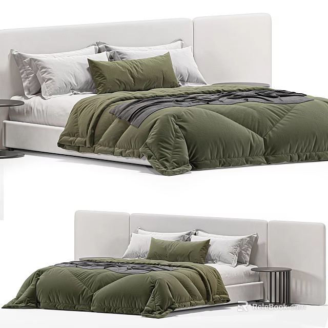 Minimalist Double Bed With White Headboard Green Gray Comforters And Pillows 3d model