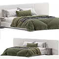 Minimalist Double Bed With White Headboard Green Gray Comforters And Pillows 3d model
