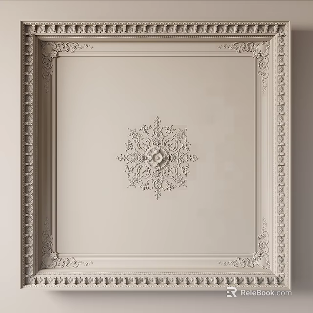 Elegant White Ceiling Design With Central Decorative Carved Pattern And Ornate Borders 3d model