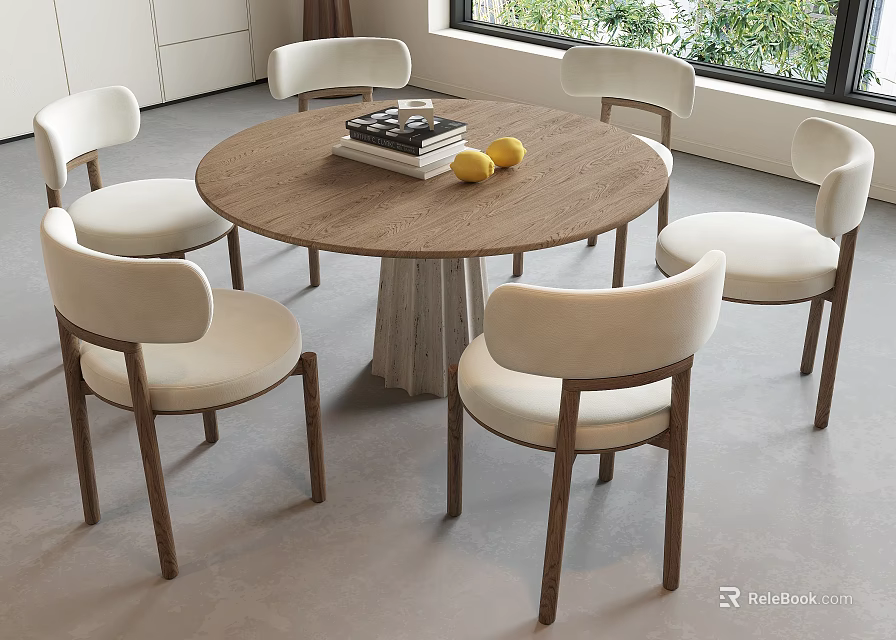 Minimalist Round Wooden Dining Table With Six Light Upholstered Chairs By Window In Bright Room 3d model 