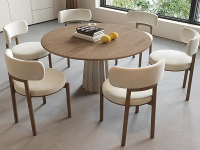 Minimalist Round Wooden Dining Table With Six Light Upholstered Chairs By Window In Bright Room 3d model