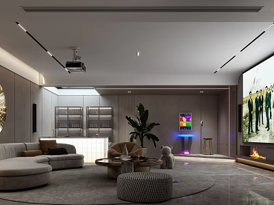 Modern Home Theater Interior Design With Large Screen Comfortable Sofa And Ambient Lighting System 3d model