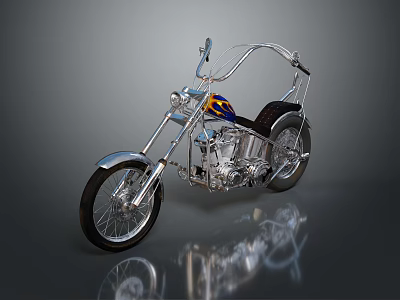 Custom Chopper Motorcycle With Shiny Chrome Parts Black Seat And Yellow Blue Accents 3d model