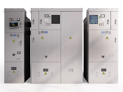 Industrial Control Cabinets With Silver Finish Control Panels Displays Buttons And Warning Signs 3d model