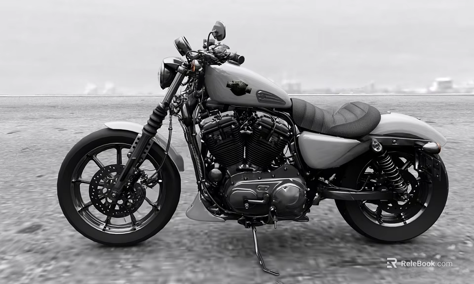 Classic Black And White Motorcycle With Leather Seat Black Engine Parked On Road Cityscape 3d model 