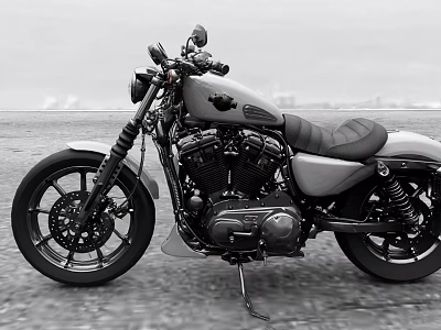 Classic Black And White Motorcycle With Leather Seat Black Engine Parked On Road Cityscape 3d model