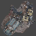 Old Scrap Car Wreckage Pile With Broken Mechanical Parts And Junk Machinery