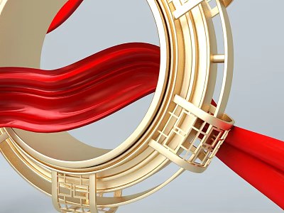 Golden Circular Commercial Equipment With Red Ribbon And Lattice Design 3d model