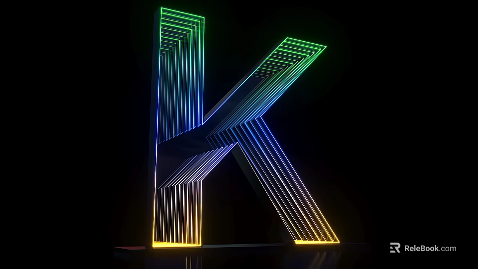 3D Letter K Design With Colorful Neon Light Lines On Black Background 3d model 
