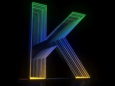 3D Letter K Design With Colorful Neon Light Lines On Black Background 3d model