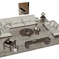 Cozy Beige Fabric Sofa And Wooden Coffee Table Set With Pillows Rug And Floor Lamp