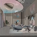 Elegant Bridal Shop Interior With Modern Design Sofas Chandeliers Arched Windows And Pink Decor