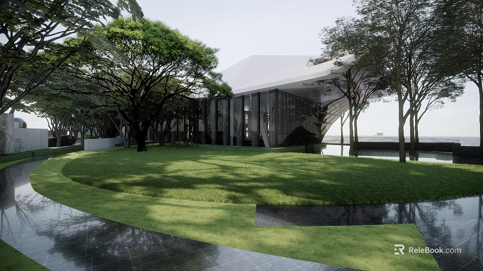 Garden Landscape Design With Lush Green Lawn Trees Modern Building And Water Feature 3d model 