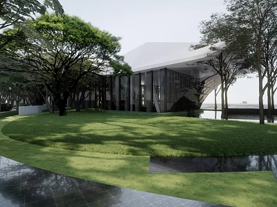 Garden Landscape Design With Lush Green Lawn Trees Modern Building And Water Feature 3d model