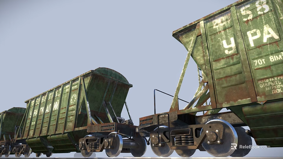 Vintage Green Freight Train Cars With Rusty Metal Structure And Wheels 3d model 
