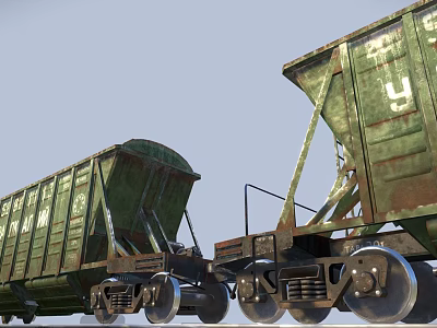Vintage Green Freight Train Cars With Rusty Metal Structure And Wheels 3d model