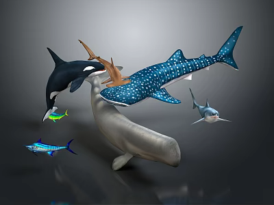 Spotted Whale Shark Black And White Orca Gray Dolphin And Small Fish 3d model