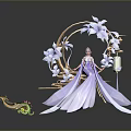 Elegant Character in Purple Gown with Pink Hair Green Dragon Creature Blue Flowers Golden Ring Lantern