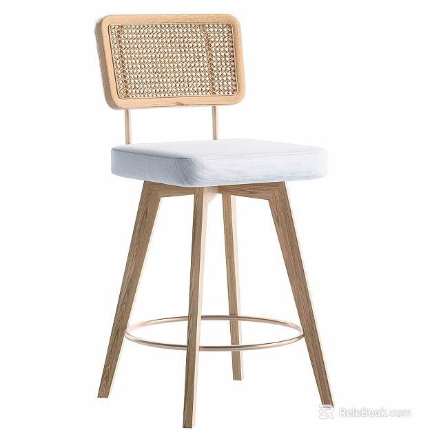 Stylish Woven Rattan Backrest Bar Stool With Soft Upholstered Seat And Sturdy Solid Wooden Legs 3d model 