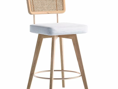 Stylish Woven Rattan Backrest Bar Stool With Soft Upholstered Seat And Sturdy Solid Wooden Legs 3d model