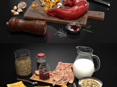 Fresh Food Ingredients On Cutting Board With Raw Meat Garlic Spices Milk Oats And Bread 3d model